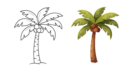 Obraz premium Palm Tree Line Art and Full Color Illustration: Tropical Icon Comparison