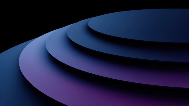 Curved layers of deep blue and purple gradient ascend against a stark black background