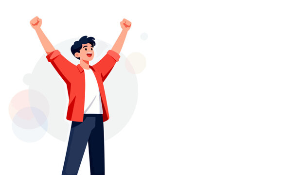 Joyful man raises arms in celebration. Bright red jacket contrasts with clean white background. Simple circular bokeh adds soft, cheerful ambiance. Energetic pose conveys victory or excitement