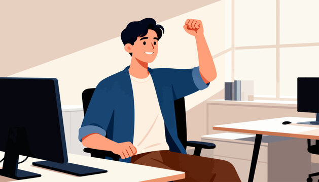 Young man celebrates success at his desk. He smiles broadly, raising his fist in triumph. Office space features clean, modern furniture. Bright window lets sunlight stream across the room