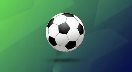 Naklejka premium Classic black and white soccer ball floating in the center against a smooth gradient background of green and dark blue tones