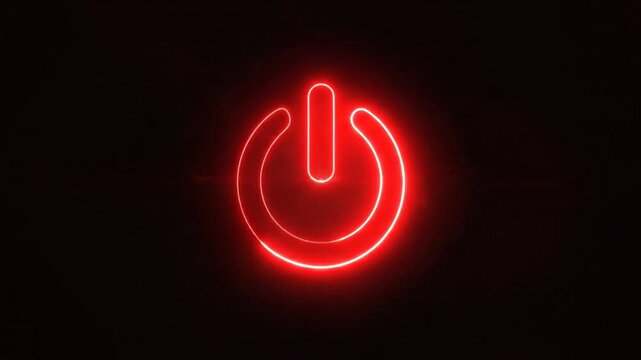 Glowing red power button symbol on a dark background, representing energy and technology.