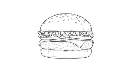 Fototapeta premium A simple line drawing depicts a classic hamburger. The burger consists of a round bun, a juicy patty, lettuce, and a slice of cheese.
