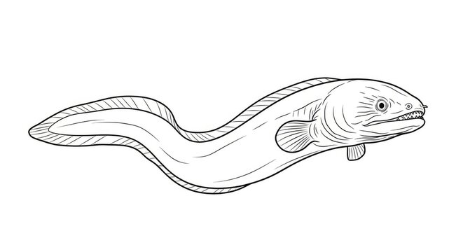 A detailed black and white line drawing depicts a Fangtooth fish. The fish has a large, toothy mouth and a long, slender body.