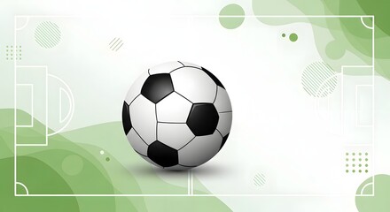 Obraz premium Soccer ball centered on a stylized background with abstract green shapes and white lines representing a football pitch