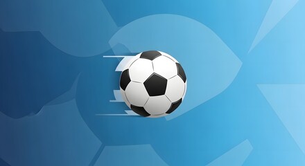 Obraz premium Soccer ball moving fast with motion blur effect on a blue gradient background with abstract geometric shapes and light lines