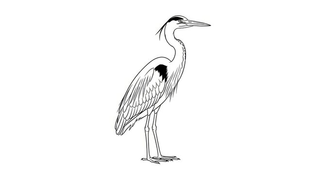 A heron stands gracefully on a white background. The bird is depicted in a detailed black and white line drawing.