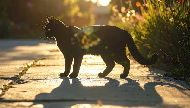 Silhouette of a black cat walking on a sunlit path.