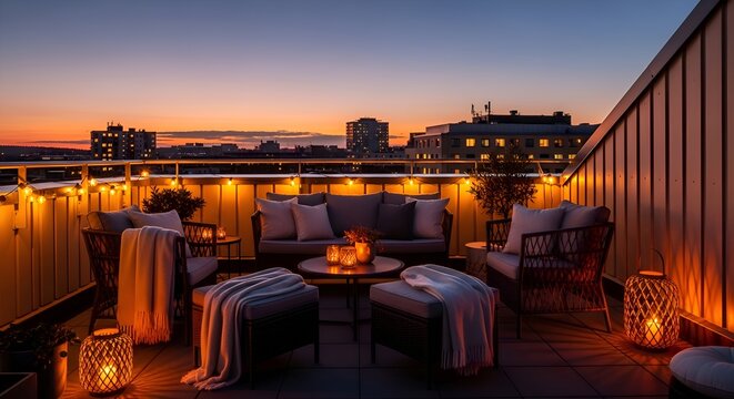 Cozy rooftop terrace at dusk with city skyline, string lights, and lanterns