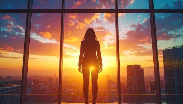 Silhouette of a businesswoman looking out a skyscraper window at a vibrant sunset over a city.