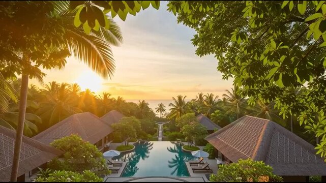 Tropical Resort Infinity Pool at Sunset with Lush Greenery and Ocean View