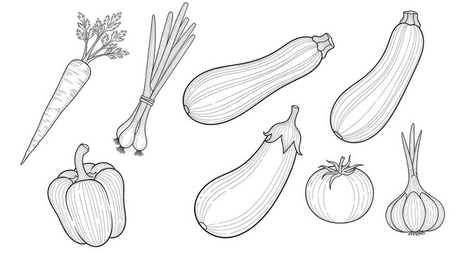 A collection of vegetables is arranged on a white background. A carrot, leek, scallions, zucchini, eggplant, bell pepper, and garlic bulb are depicted in a line drawing style.