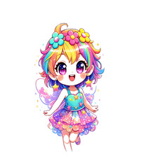 Fototapeta premium A vibrant chibi-style fairy girl with large sparkling anime eyes, rainbow-colored hair adorned with flowers, star-shaped earrings, and a colorful layered dress with wings, set against a clean white ba