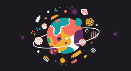 Colorful Abstract Planet with Rings and Stars in Outer Space © personal
