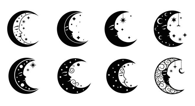 Celestial Moon Faces Collection: Mystical Crescent Icons with Stars and Swirls