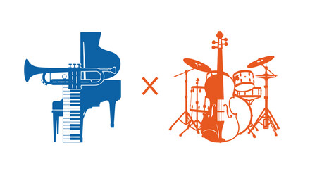 Jazz Band Instruments Icon: Piano, Trumpet, Double Bass, Drums, Musical Collaboration © personal