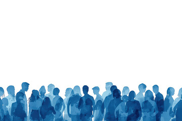 Naklejka premium Crowd of blue watercolor people silhouettes representing community, social gathering, and diversity on transparent background
