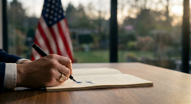 Primer plano de un funcionario firmando un documento oficial con una pluma estilogr&aacute;fica y la bandera de Estados Unidos al fondo