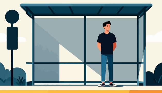 Man stands calmly at a modern bus stop. His posture suggests quiet patience. Soft light filters through the shelter's glass. Urban design meets everyday transit