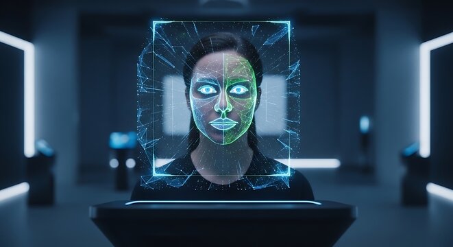 Woman undergoes a futuristic facial recognition scan for security.