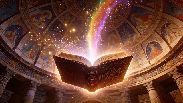 Floating open ancient book with rainbow light in religious dome building