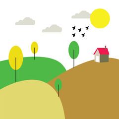 Fototapeta premium A house on a hill with trees and birds flying by