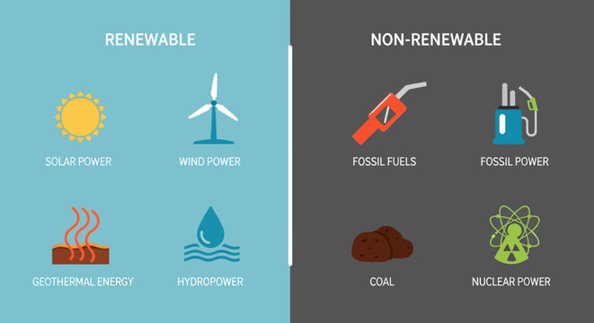 Renewable and Non-Renewable Energy Sources Comparison Infographic.