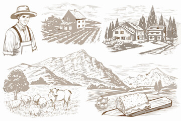 Obraz premium Vintage sketch of a rural landscape with farmer buildings and livestock