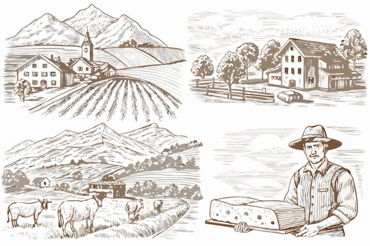 Vintage sketch depicting rural landscapes farm buildings and a cheesemaker