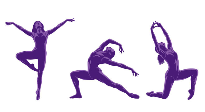 Ballet dancer poses, graceful movement, artistic expression, silhouette, purple tones