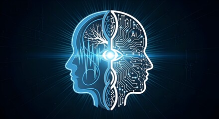 Fototapeta premium Artificial Intelligence and Human Brain Fusion: AI Technology and Neuroscience Concept
