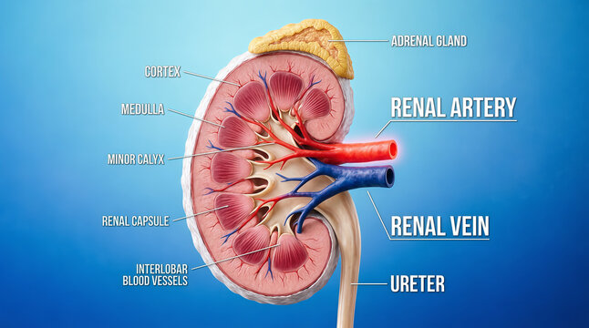 A detailed illustration of a human kidney with labeled parts, showcasing its internal anatomy and structure.