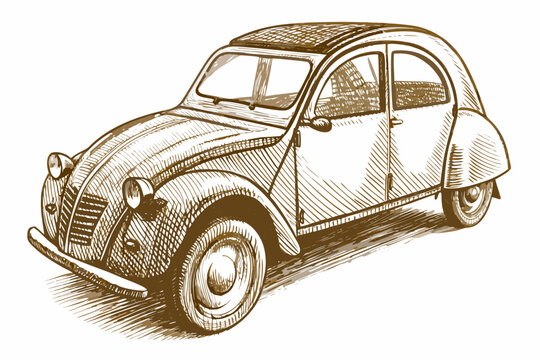 A detailed sketch of a vintage citroen 2cv car from a low angle