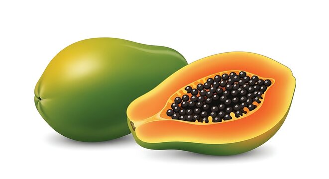 Vibrant green and orange papayas, one whole and one cut open revealing seeds, on a clean white background.