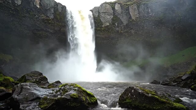 Waterfall Cascading Down Rocky Cliffside Landscape.