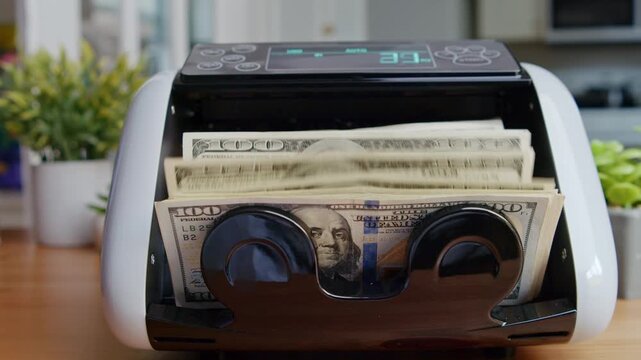 In a bustling office, a high-tech money counting machine skillfully sorts and tallies bills as staff manage transactions. The machine showcases efficiency and accuracy