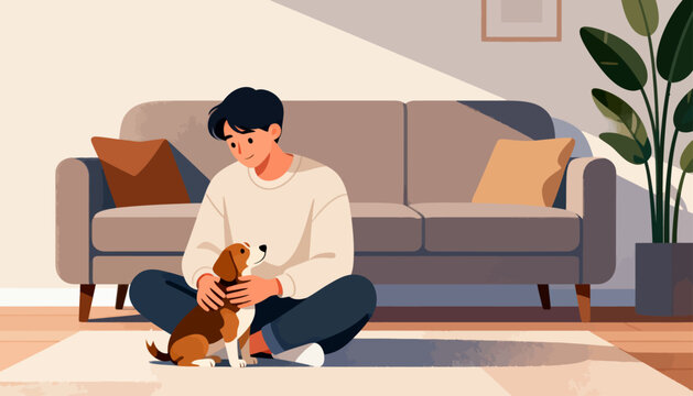 Young man sits on floor with small puppy. He holds pup gently, looking down with affection. Cozy living room has sofa, plant, and soft lighting. Scene conveys warmth, comfort, and quiet companionship
