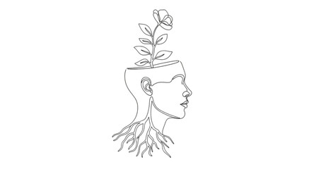 High Quality Black Continuous Line Mind Growth – Minimal Self Development Illustration © Deshan
