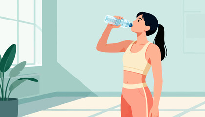 Young woman hydrates after workout in bright room. She sips water from a clear bottle. Her hair is tied back in a ponytail. Light filters through window behind her. Plant stands near floor in corner © beerman
