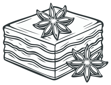 Traditional Middle Eastern dessert drawing featuring baklava with nuts and spices in vector format
