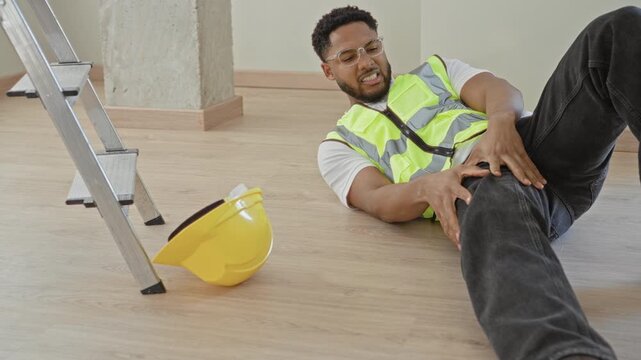 Man clutching injured leg beside fallen hardhat and ladder on a construction floor in a building; accident pain.