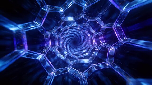 Abstract hexagonal tunnel with blue and purple light spiral