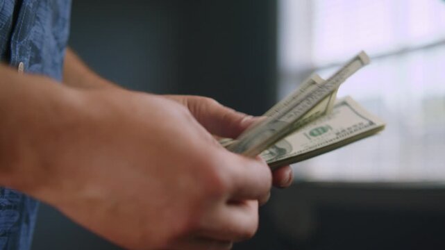 A person elegantly counts and organizes stacks of cash in their hands, surrounded by soft natural light, creating a peaceful atmosphere in a cozy space