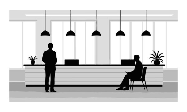 Monochromatic Vector Illustration of People at a Business Reception Desk in a Lobby