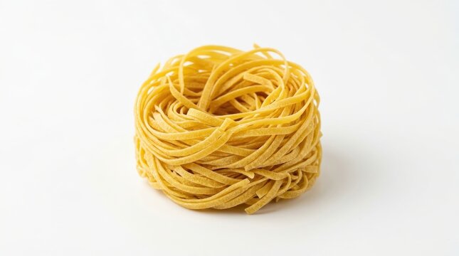 A single nest of raw golden linguine pasta sits centered in a minimalist studio shot against a clean white background with bright lighting.