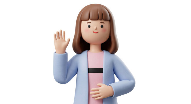 Friendly 3D Cartoon Woman Waving Hello