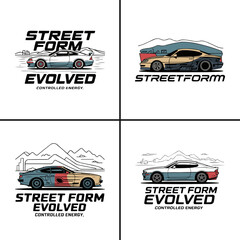 Obraz premium Four distinct minimalist graphic logos featuring stylized drifting sports cars designed for apparel branding and urban automotive culture fashion merchandise