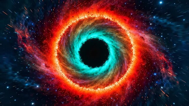 Artistic depiction of cosmic black hole with colorful accretion disk