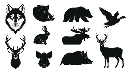 Obraz premium Set of black wildlife animal silhouettes featuring detailed vector illustrations of a wolf head deer moose bear wild boar rabbit and flying bird isolated on white background for creative design projec