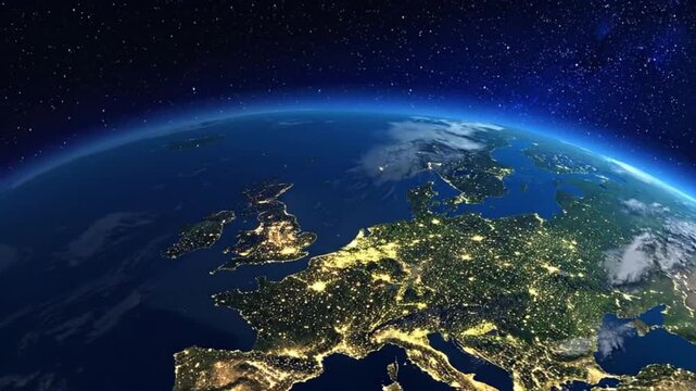 Spectacular view of Europe from space at night, city lights illuminating the continent.